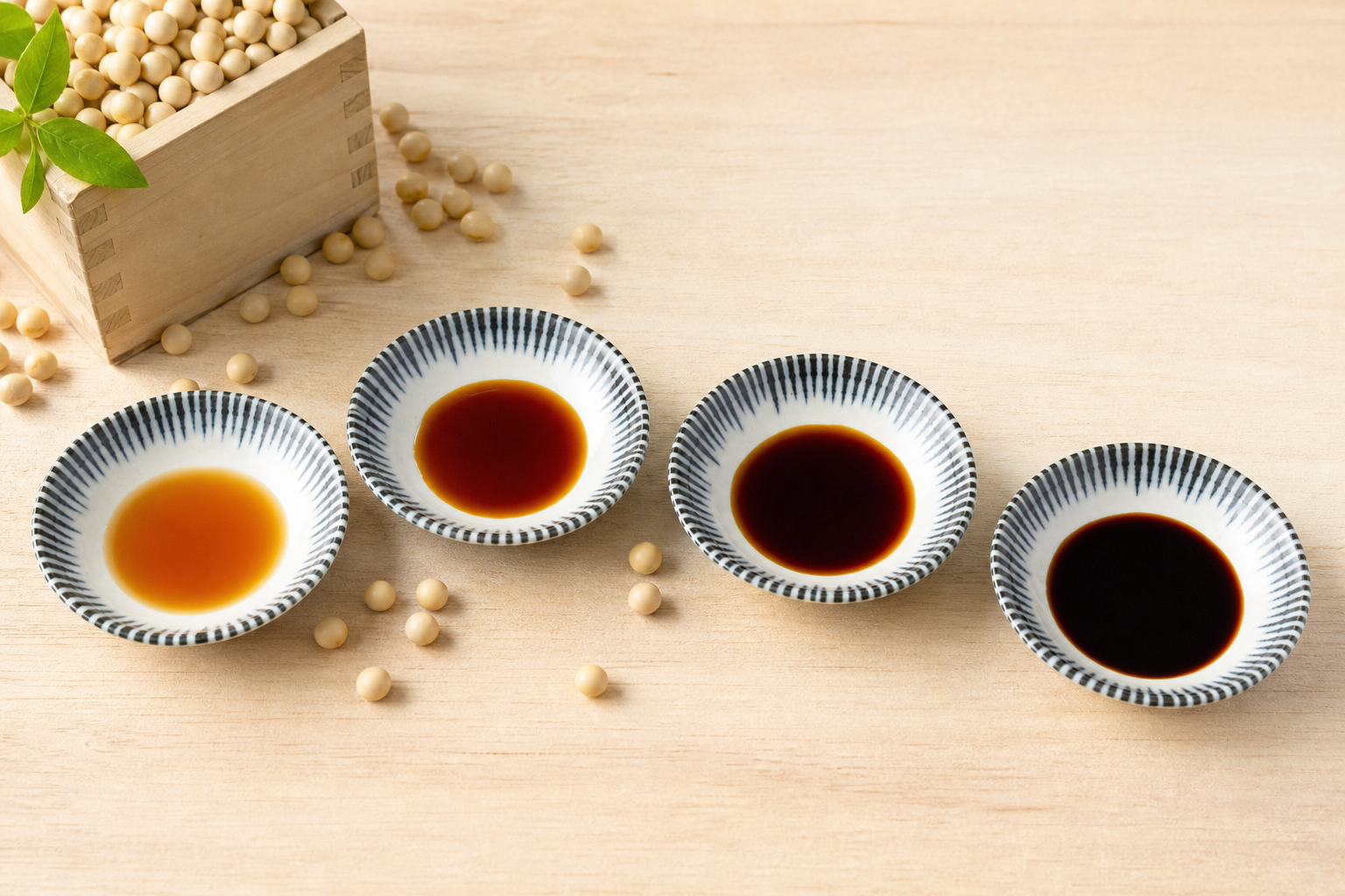 Four Japanese soy sauces arranged from light amber to deep brown