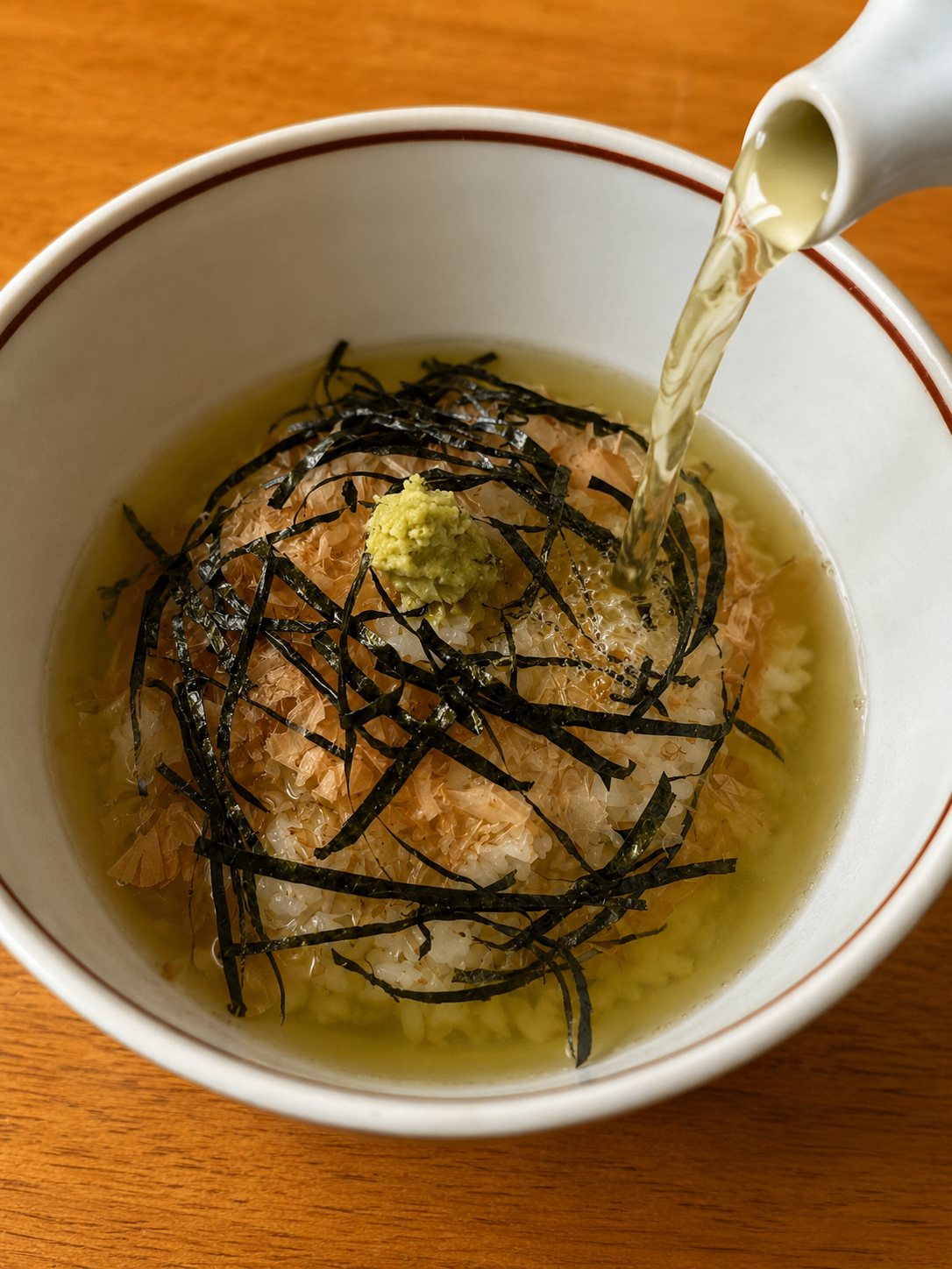 Ochazuke with dashi, nori, katsuobushi, and wasabi
