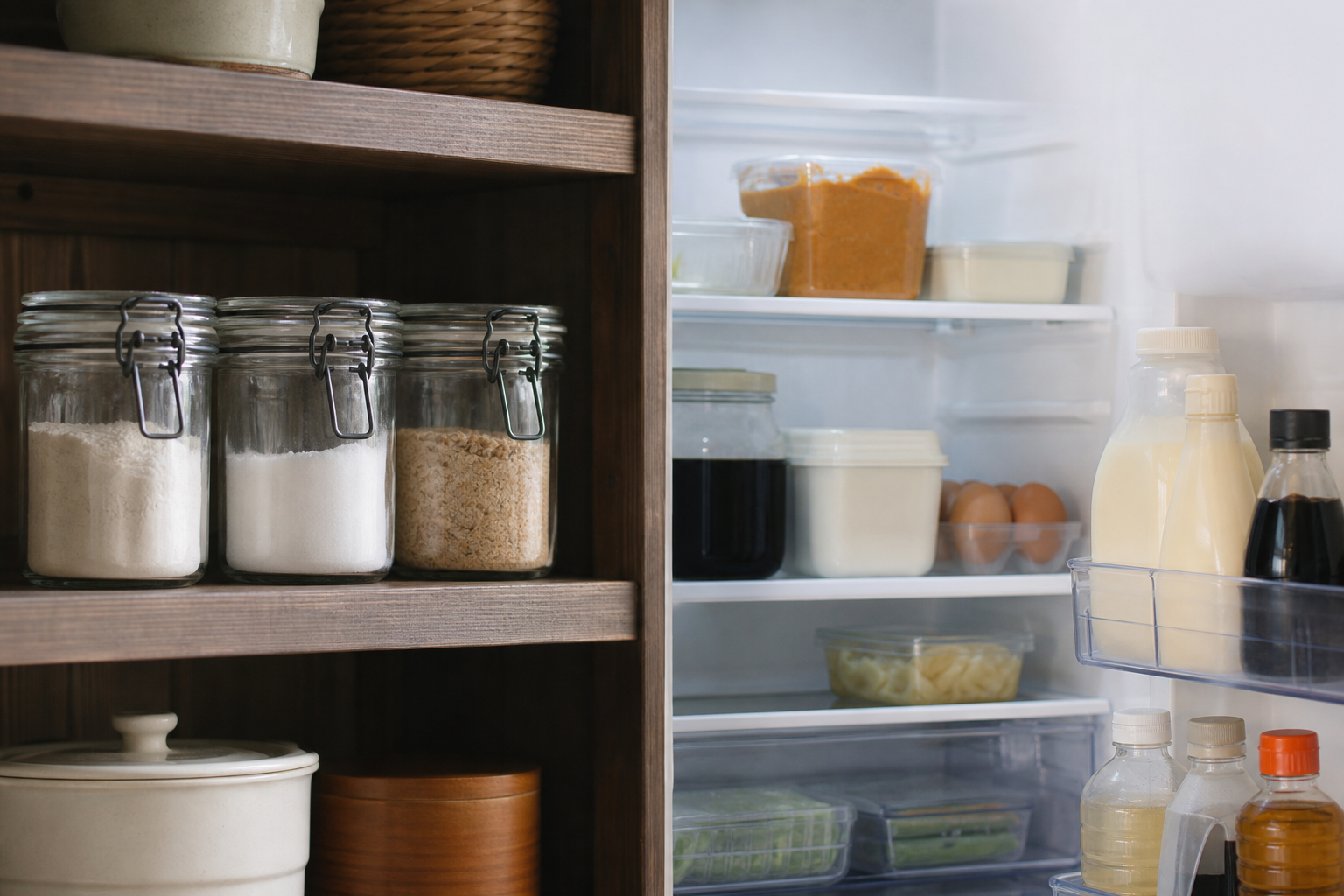 Japanese pantry staples stored in sealed jars and in the refrigerator
