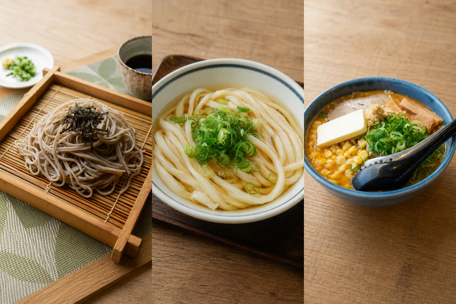Soba, udon, and ramen shown side by side
