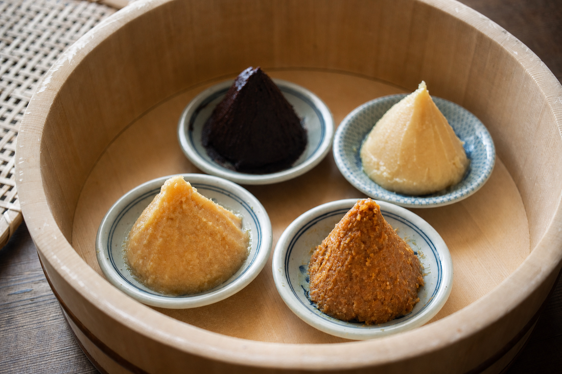 Four Japanese misos ranging from pale white to deep red