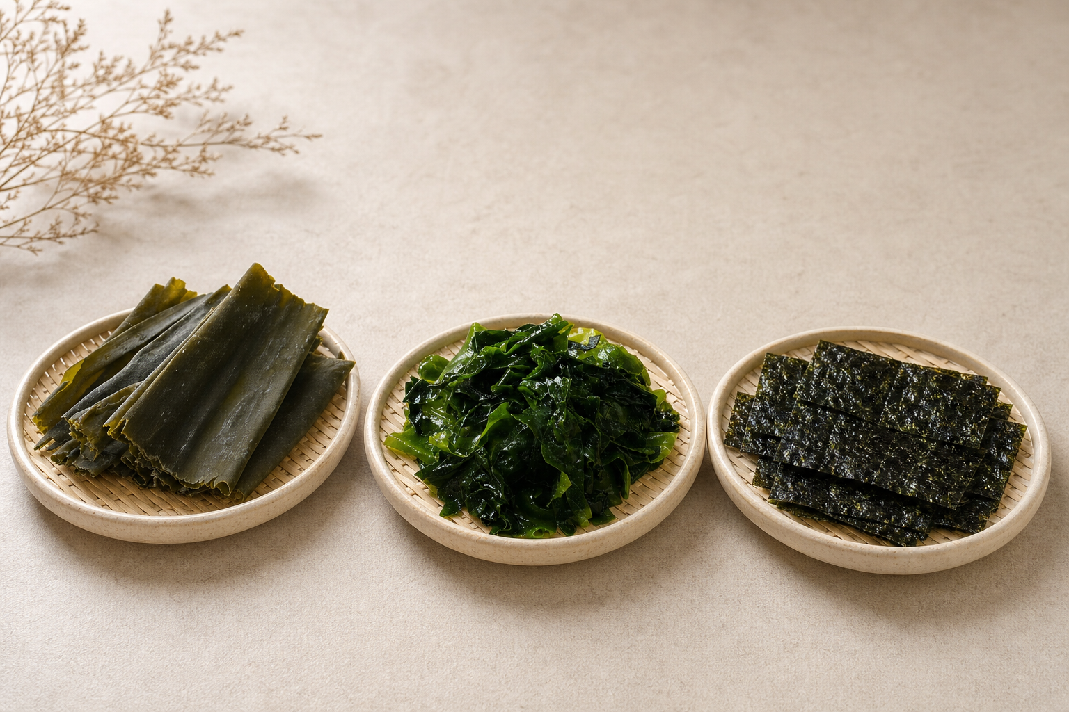 Kombu, wakame, and nori displayed side by side