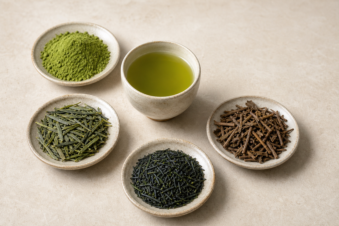 Matcha, sencha, gyokuro, and hojicha arranged in four ceramic dishes
