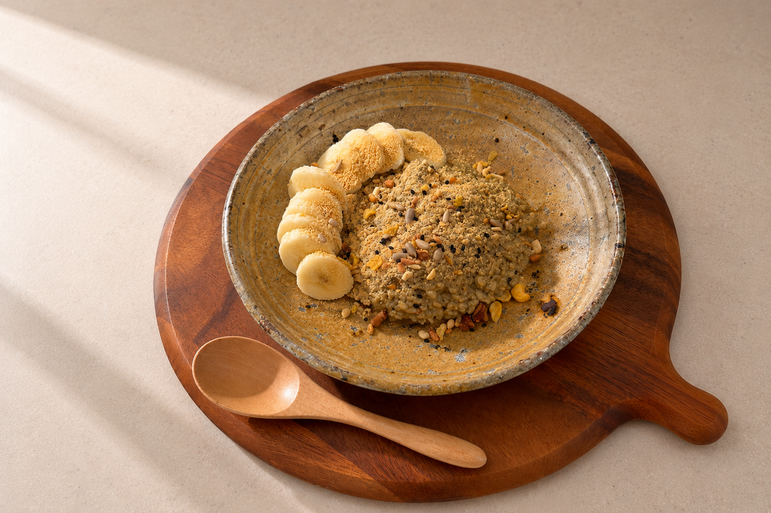 Hojicha Overnight Oats in a jar, topped with banana and kinako