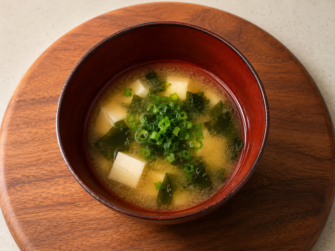 Finished miso soup with tofu, wakame, and green onion
