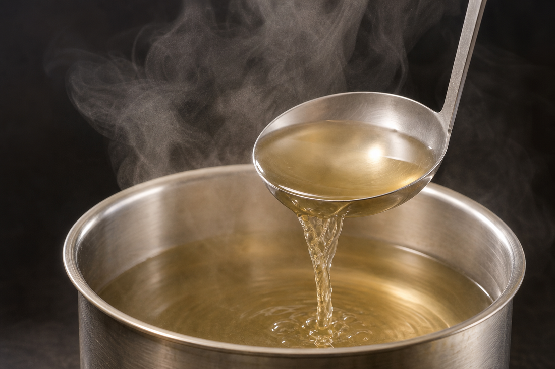 Clear golden dashi being lifted from a steaming pot