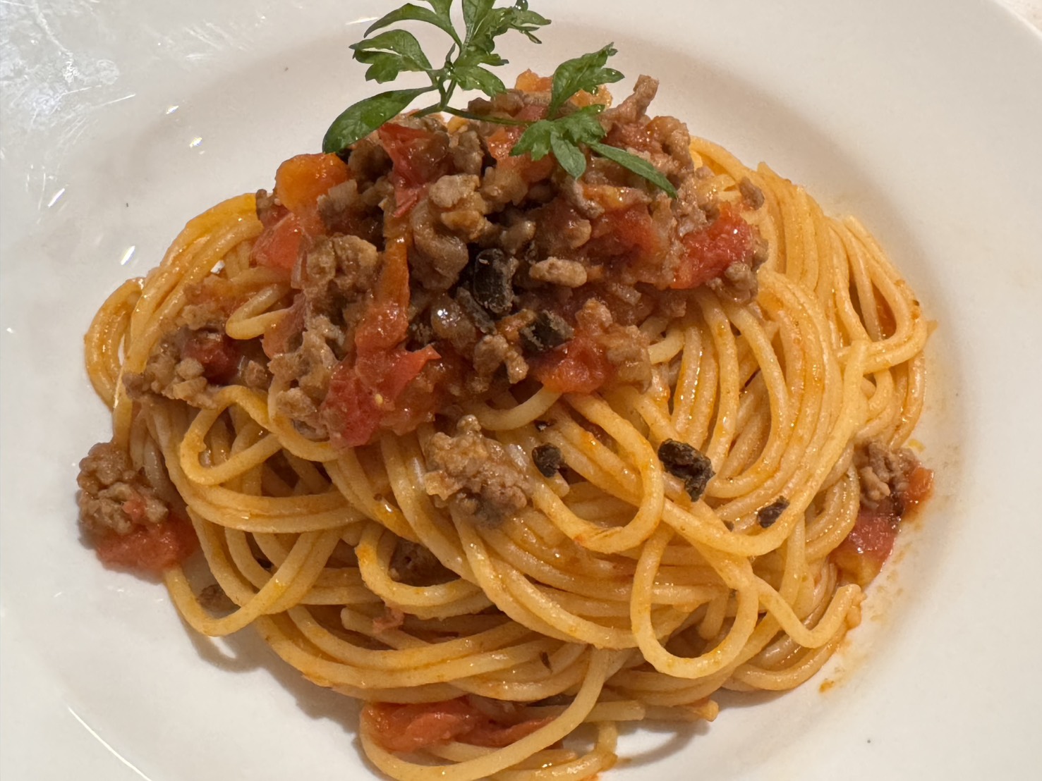 A plate of spaghetti bolognese made with hamanatto, centered on a white plate with parsley garnish