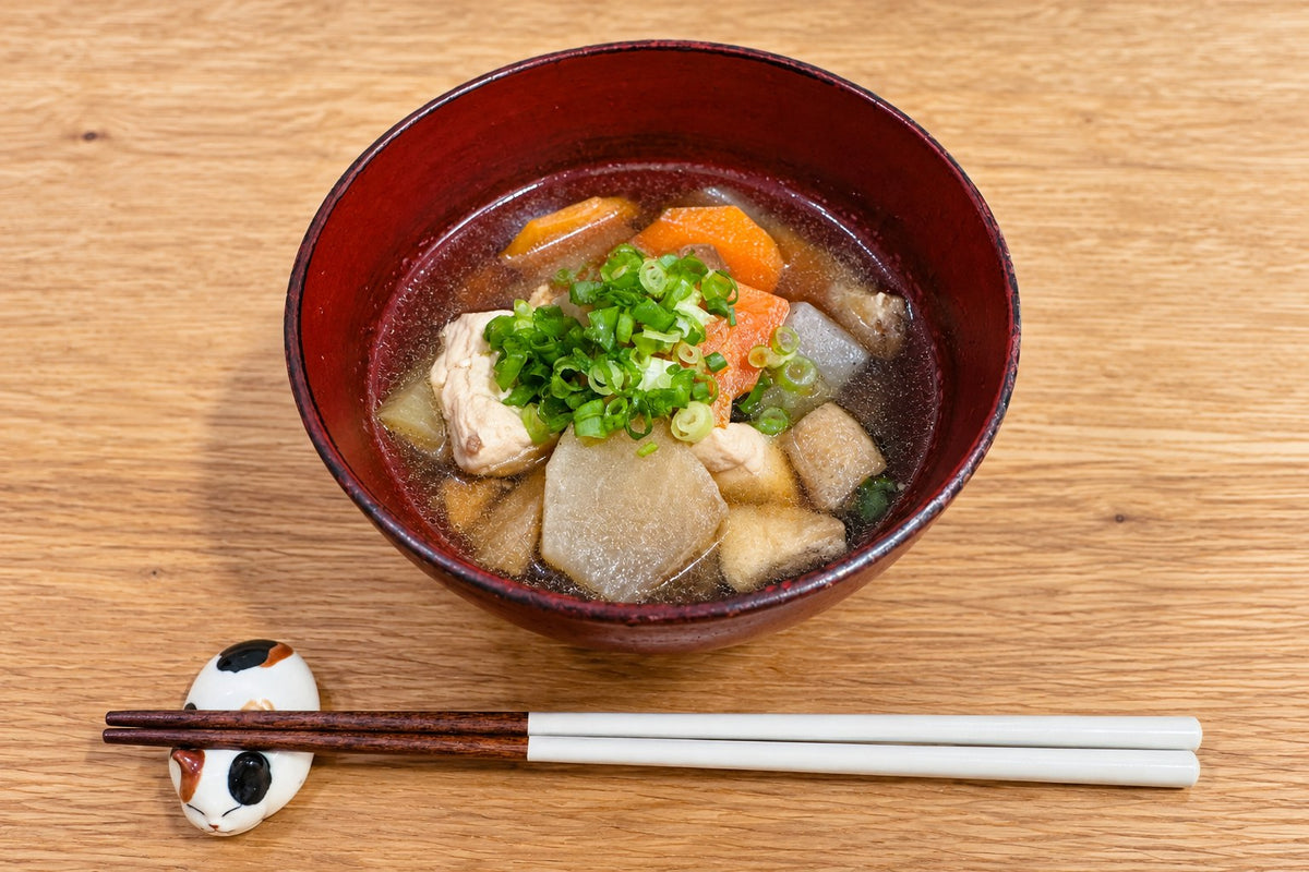 A bowl of kenchin-jiru, the vegetable soup built on kombu and dried shiitake