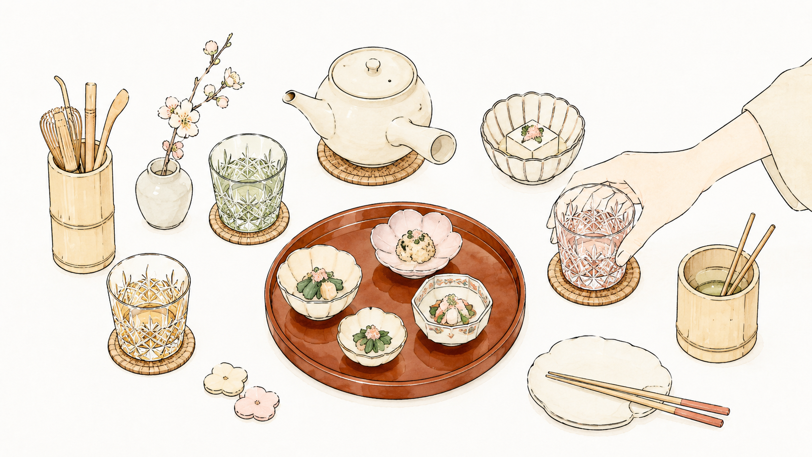 A table set with Japanese tableware, kiriko glass and teapot