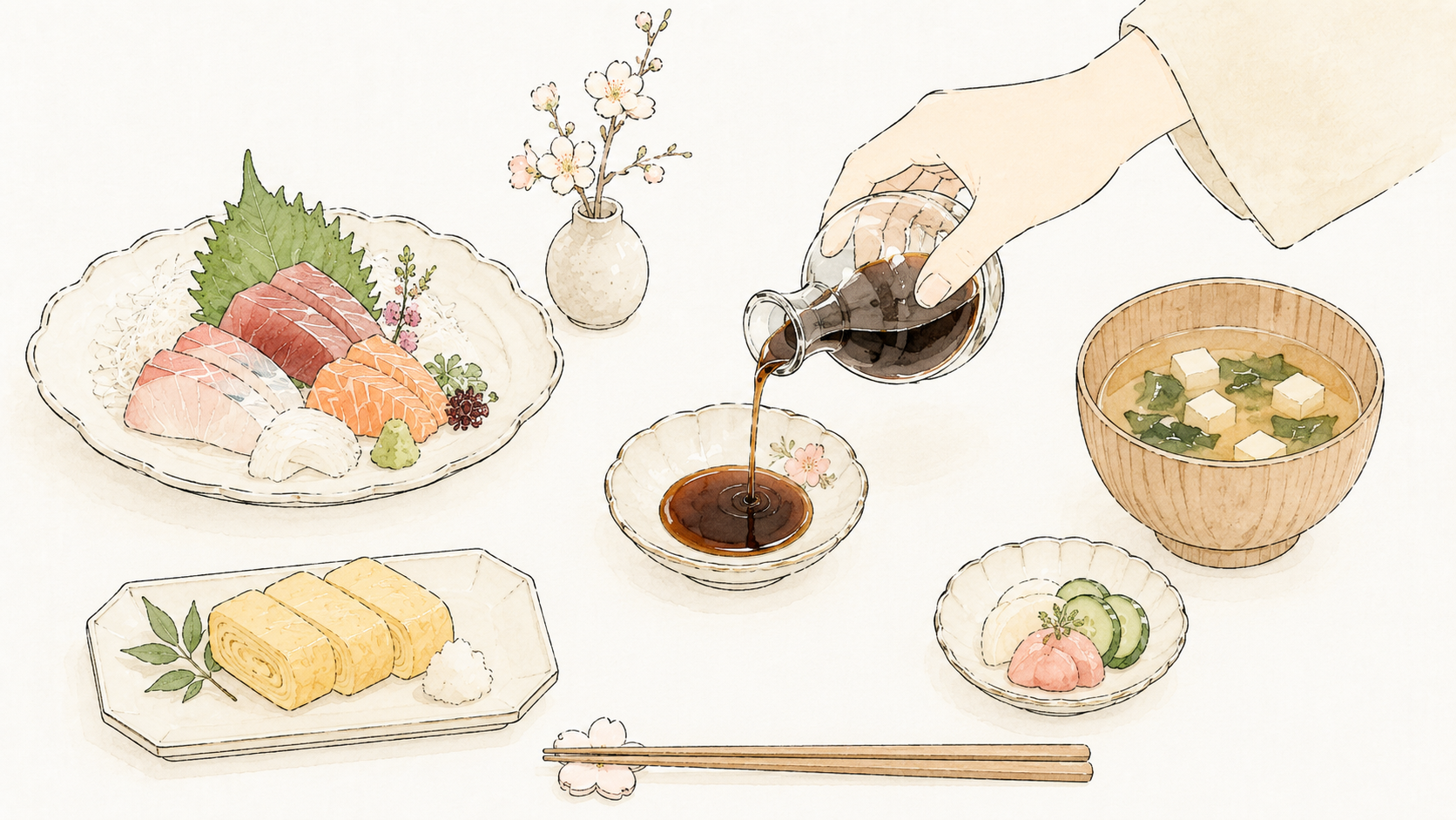 A table centered on soy sauce being poured, with sashimi, miso soup and tamagoyaki