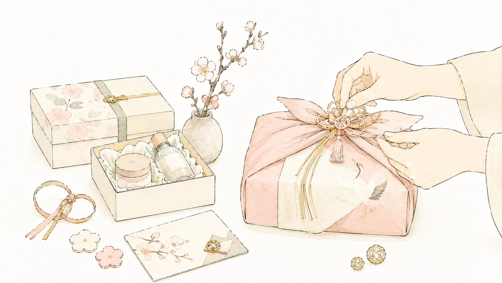 A table set with a furoshiki-wrapped gift, crane motif and plum blossoms