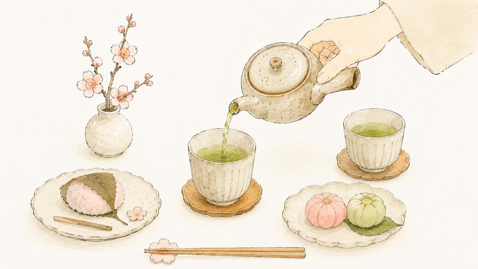 A table centered on green tea being poured from a kyusu, with wagashi sweets and plum blossoms