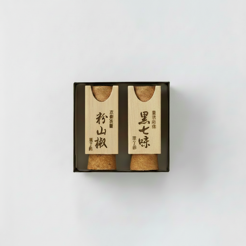 Hararyoukaku Premium Wooden Box Set | Kuro-Shichimi & Sansho — Hand-Stamped Boxes, Gion Since 1685