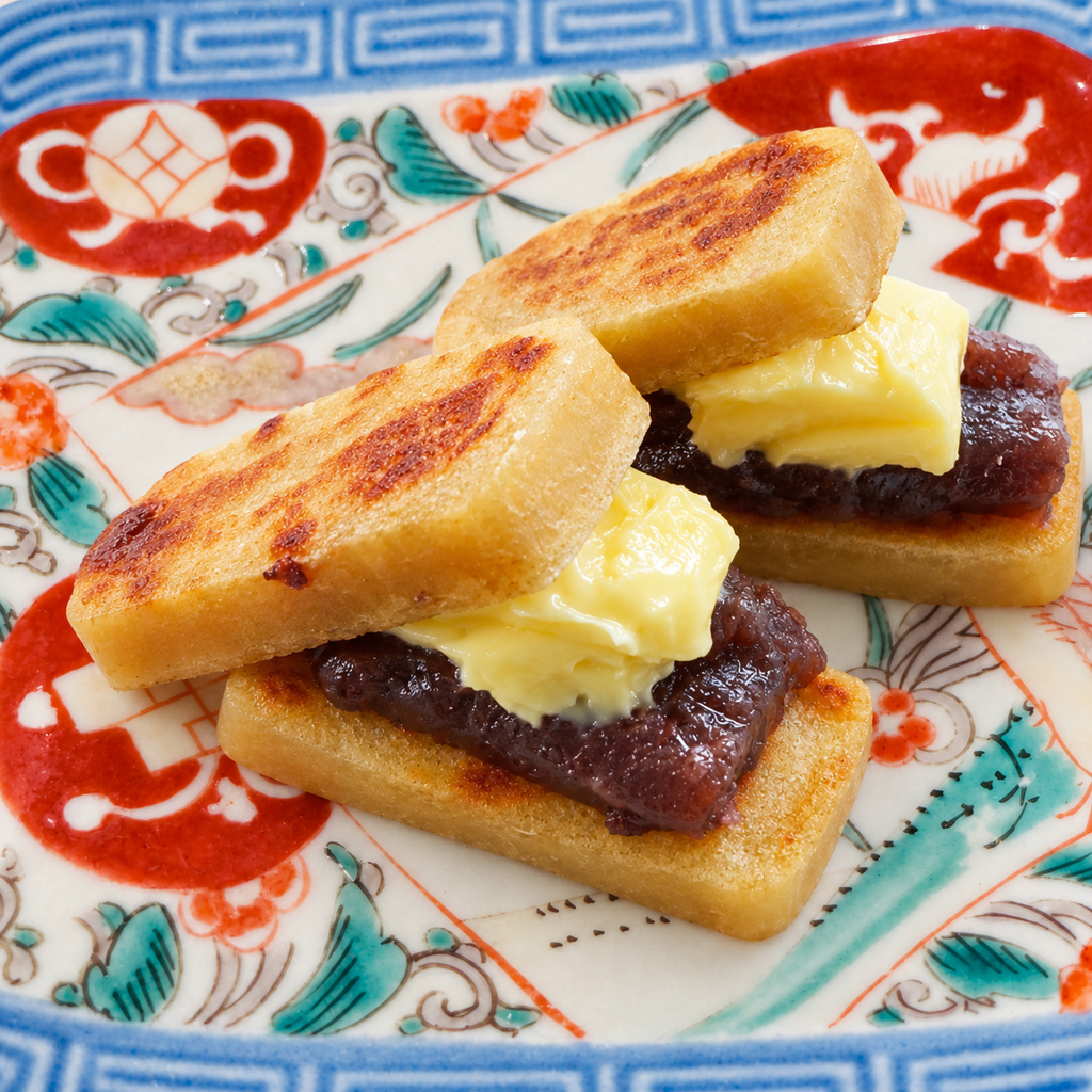Toasted kankoro mochi sandwiches filled with sweet red bean paste and butter, on a patterned plate