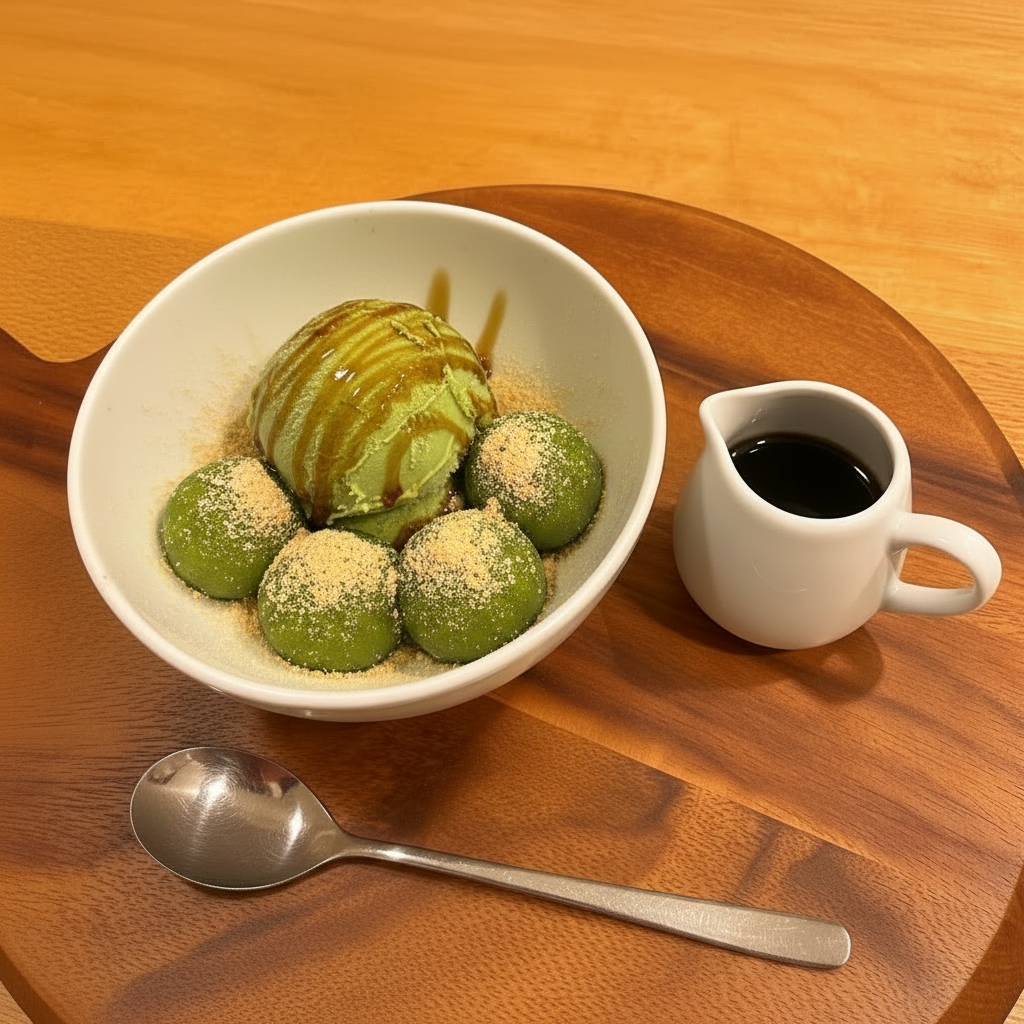 Shiratama Kit matcha dango dessert with kuromitsu from Kyoto