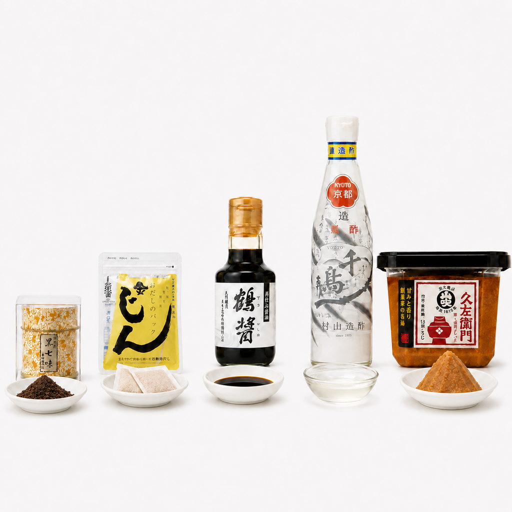 Japanese Pantry Starter Kit five essentials, flat lay, Japan