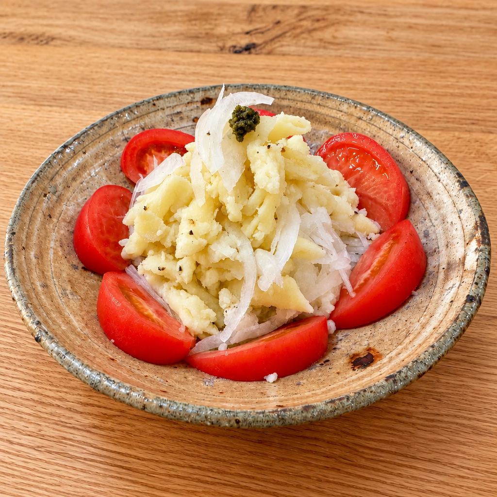 Potato salad with sliced onion and tomatoes, topped with a dab of shiso kosho