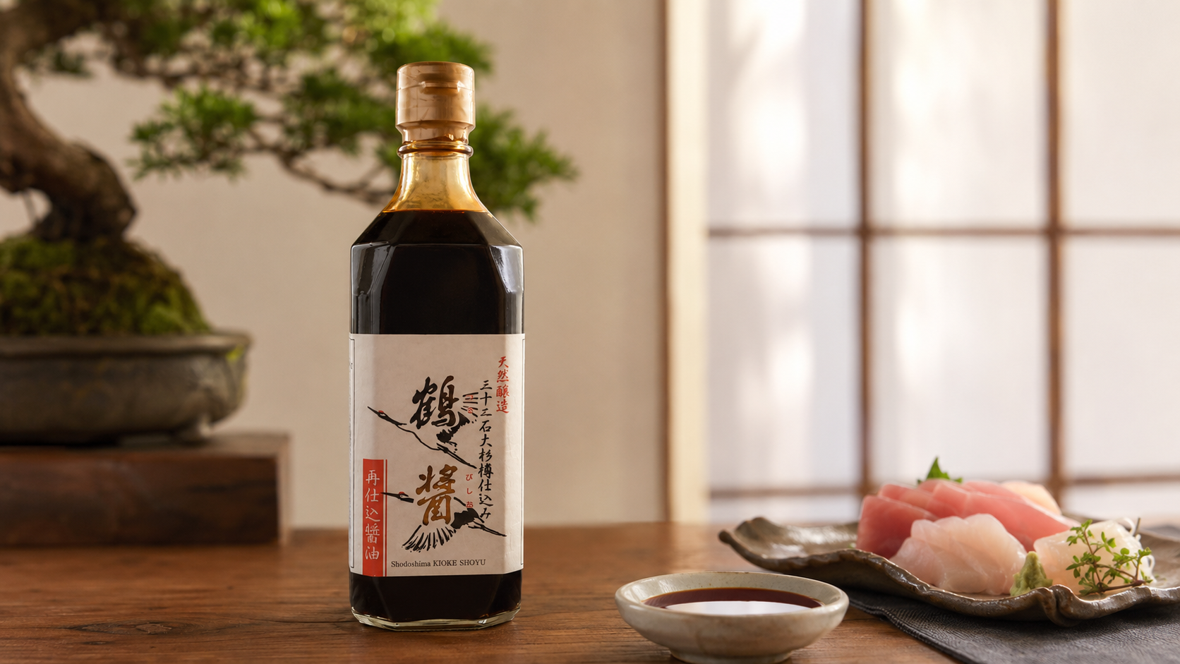 Yamaroku Tsuru Bishio soy sauce on a wooden table with bonsai, shoji and sashimi