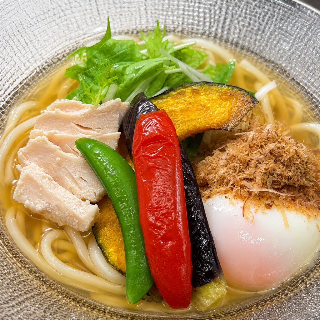Uneno Dashi Trio noodle soup bowl with vegetables from Kyoto