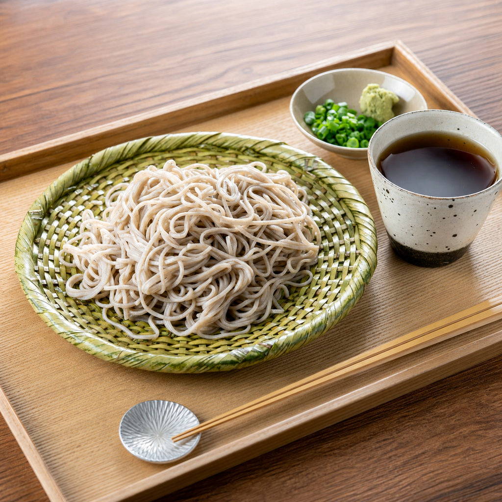 Cold soba noodles with dipping sauce and condiments — serving suggestion